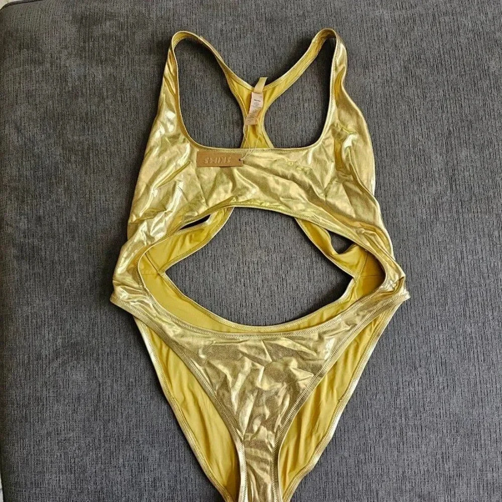 Skims Signature Swim Gold Cut Out Monokini Racerback One Piece Swimsuit Size 2X